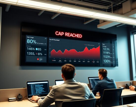 Uber office interior with a digital dashboard showing AI spending cap alert and employees working on coding tools