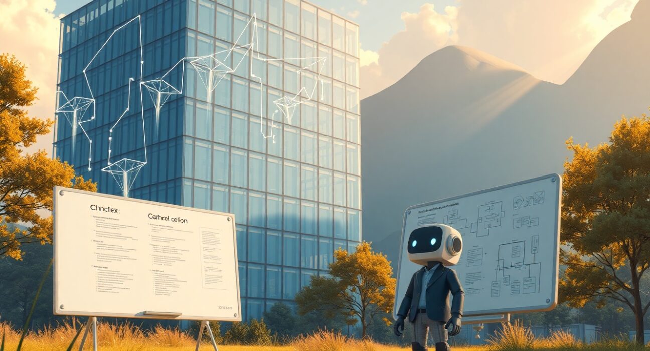 Uber AI boss concept showing collaborative innovation between engineers and artificial intelligence in a corporate setting.