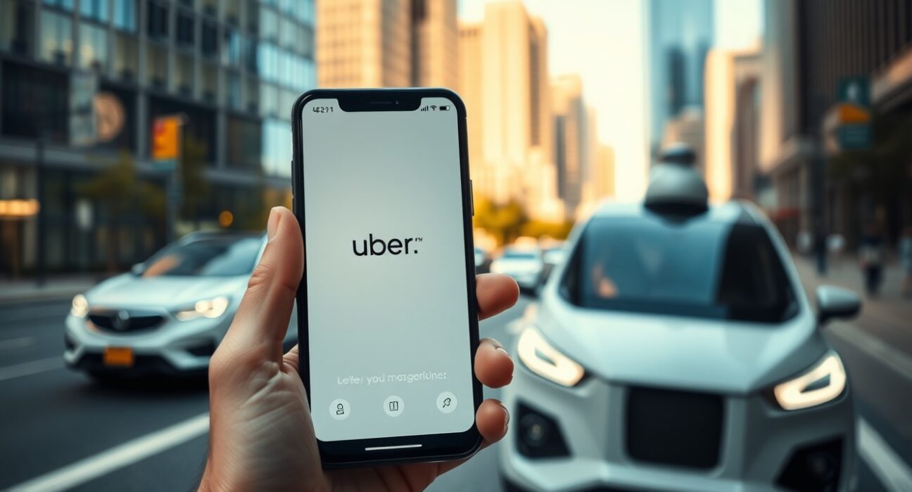 Uber app on smartphone with autonomous vehicle and city street background