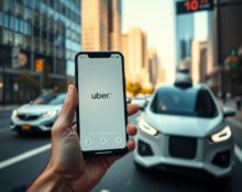 Uber app on smartphone with autonomous vehicle and city street background