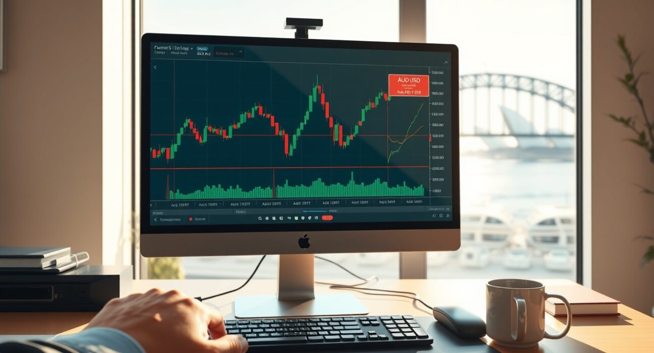 Professional forex trading desk analyzing AUD/USD currency pair chart for strategic buying