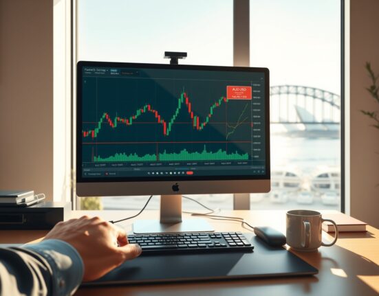 Professional forex trading desk analyzing AUD/USD currency pair chart for strategic buying