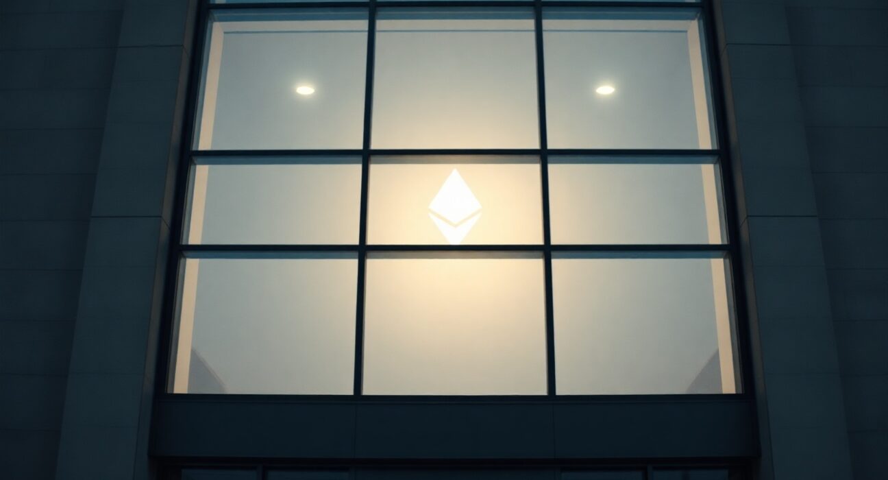 Swiss bank UBS building with a subtle Ethereum logo projection, representing blockchain compliance proof-of-concept.