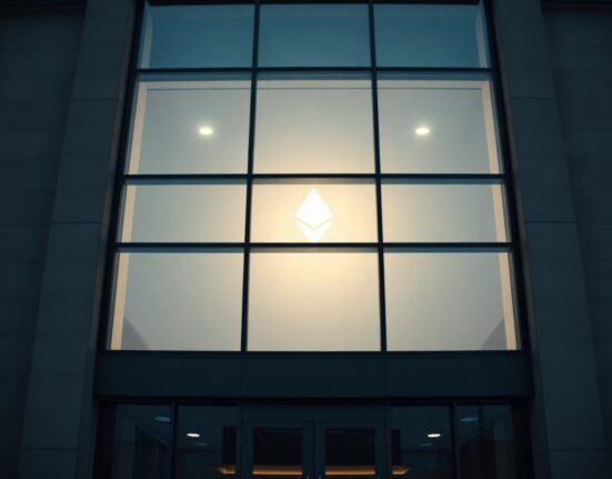 Swiss bank UBS building with a subtle Ethereum logo projection, representing blockchain compliance proof-of-concept.