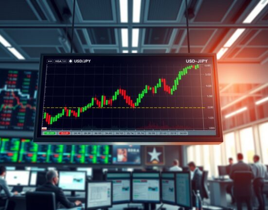USD/JPY currency chart showing upward trend driven by equity rebalancing flows analyzed by UBS