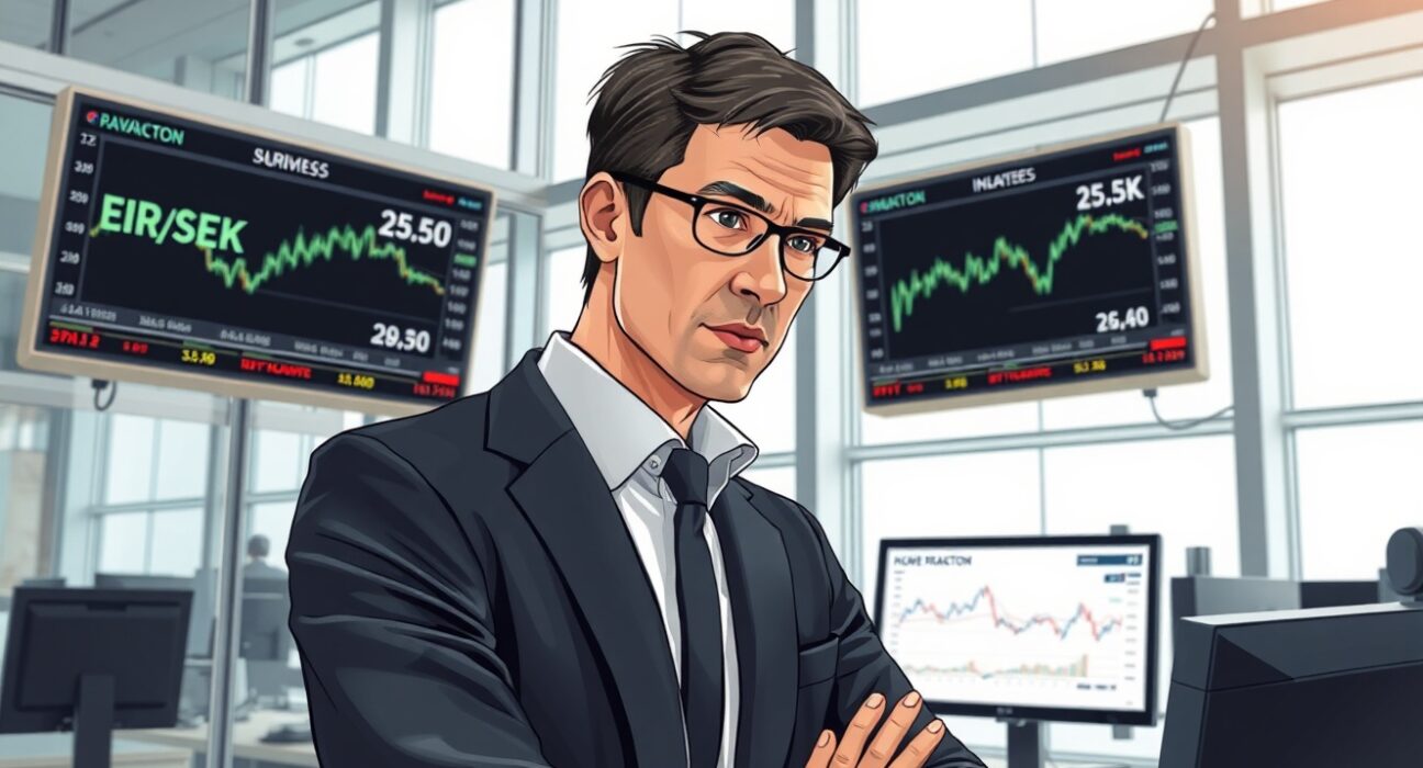 Financial analyst reviewing EUR/SEK currency forecast and Swedish inflation data at UBS trading desk