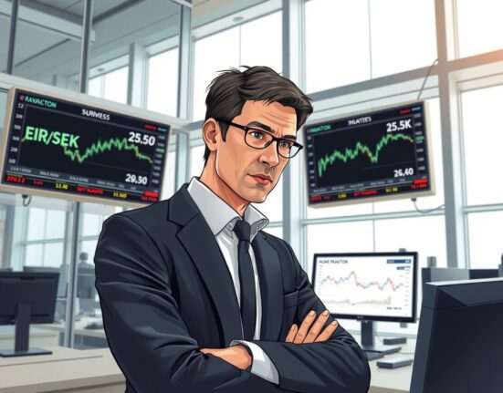 Financial analyst reviewing EUR/SEK currency forecast and Swedish inflation data at UBS trading desk