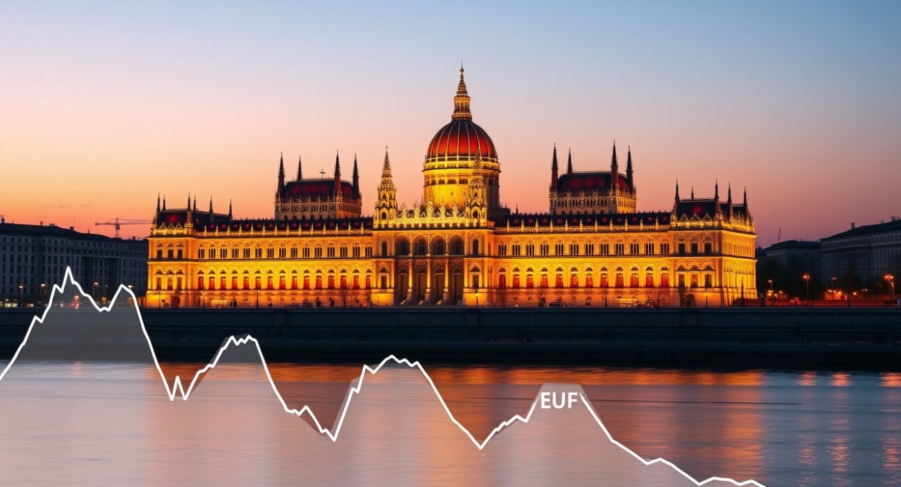 Hungarian Parliament building with EUR/HUF exchange rate analysis overlay representing UBS forecast.