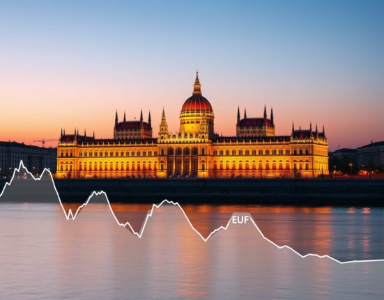 Hungarian Parliament building with EUR/HUF exchange rate analysis overlay representing UBS forecast.