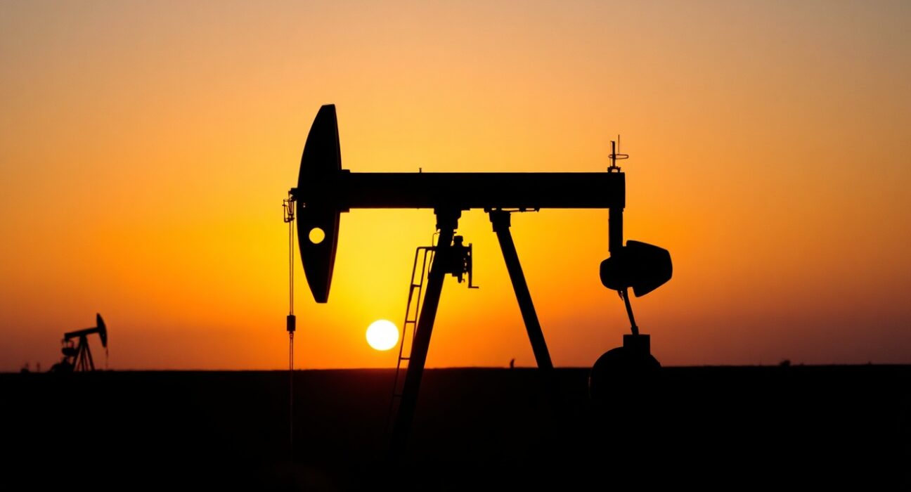 Oil pumpjack silhouetted against a sunset, symbolizing energy markets and inflation concerns.