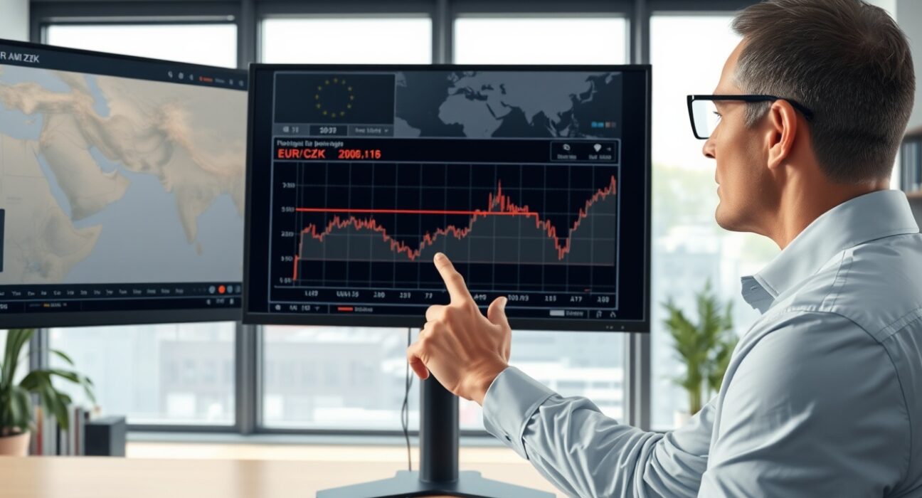 Financial analyst in Zurich reviews EUR/CZK forecast chart amid Iran war risk sentiment.