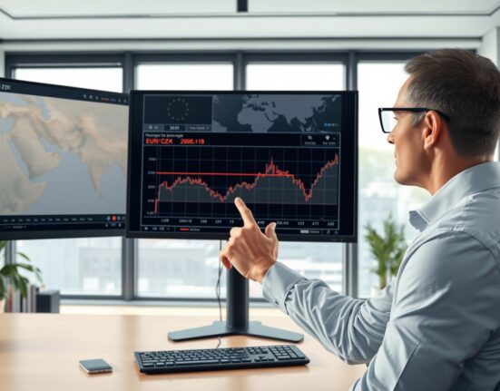 Financial analyst in Zurich reviews EUR/CZK forecast chart amid Iran war risk sentiment.