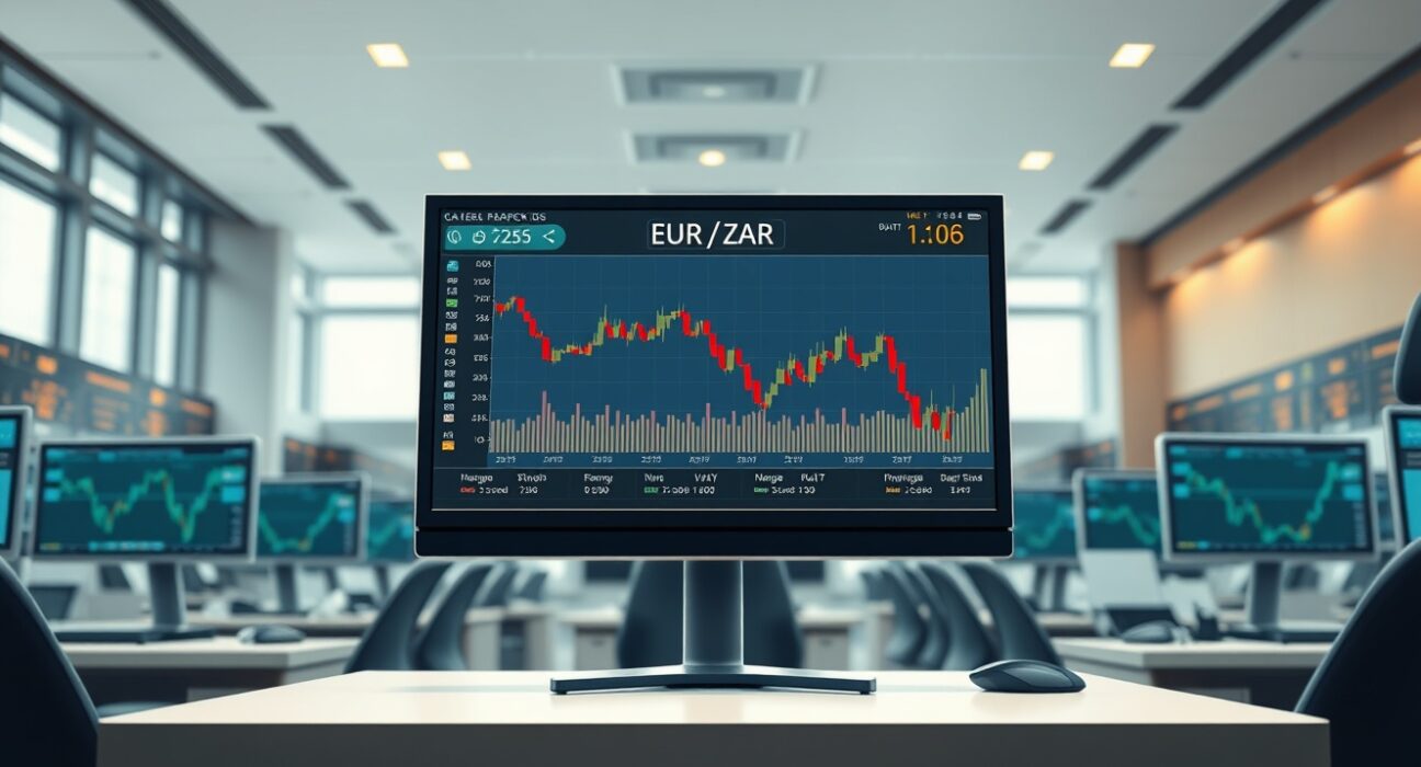 Professional forex trading desk analyzing EUR/ZAR exchange rate charts showing rand strength