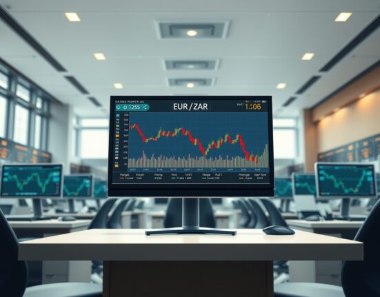 Professional forex trading desk analyzing EUR/ZAR exchange rate charts showing rand strength