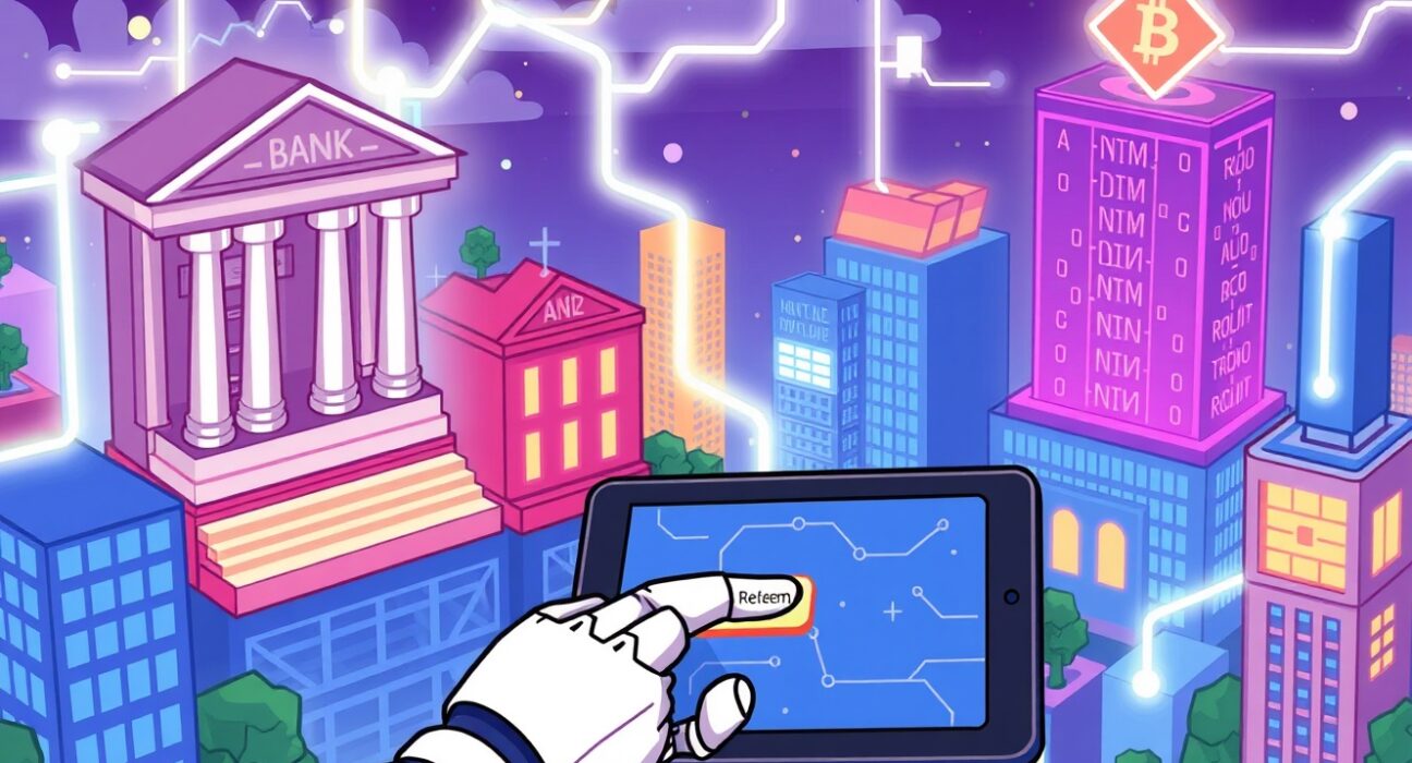 A cartoon illustration showing a secure, automated tokenized fund redemption process bridging traditional finance with blockchain technology.