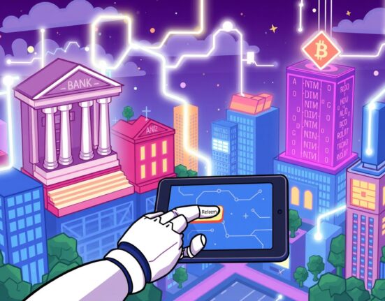 A cartoon illustration showing a secure, automated tokenized fund redemption process bridging traditional finance with blockchain technology.