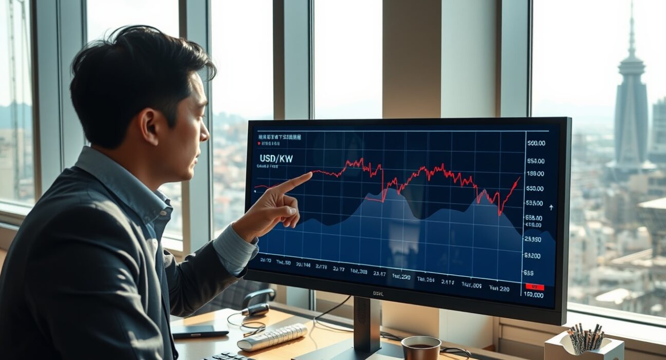 Financial analyst reviewing USD/KRW exchange rate chart in Seoul office
