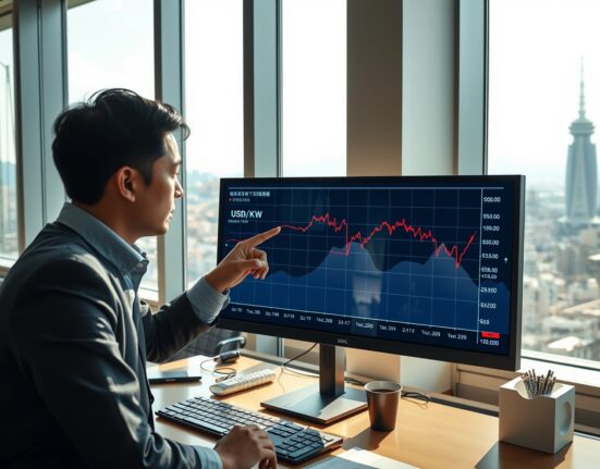 Financial analyst reviewing USD/KRW exchange rate chart in Seoul office
