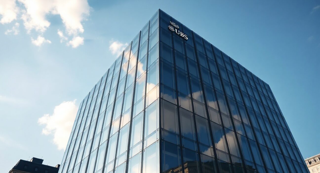 UBS headquarters in Zurich on a clear day, representing institutional finance and crypto investment.