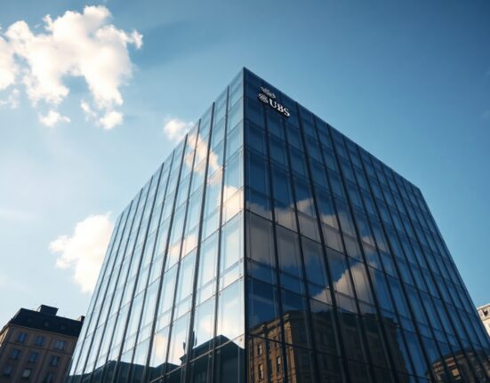 UBS headquarters in Zurich on a clear day, representing institutional finance and crypto investment.