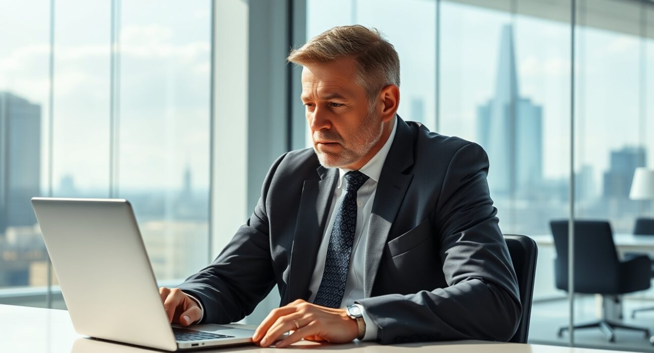 UK asset manager reviewing cryptocurrency data on laptop in modern office