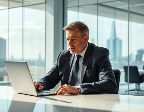 UK asset manager reviewing cryptocurrency data on laptop in modern office