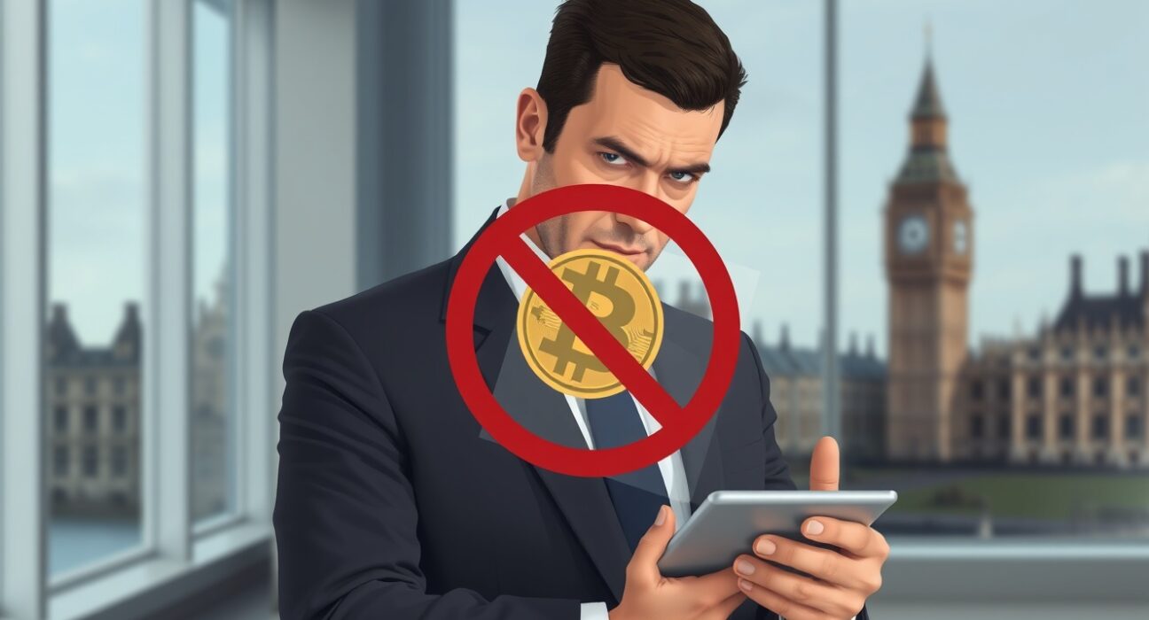 Policy official critiques UK ban on cryptocurrency political donations with symbolic prohibition imagery.