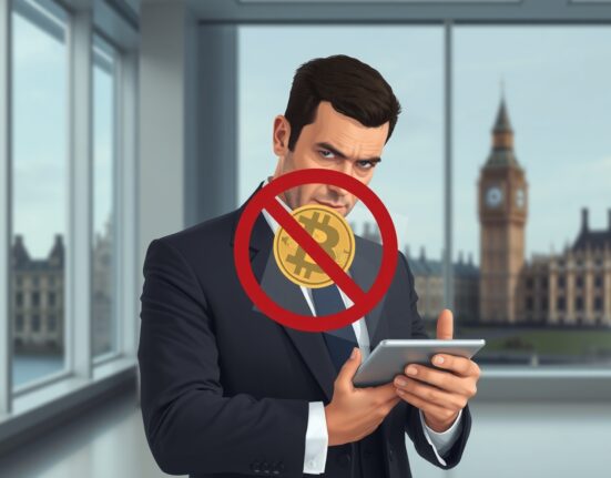 Policy official critiques UK ban on cryptocurrency political donations with symbolic prohibition imagery.