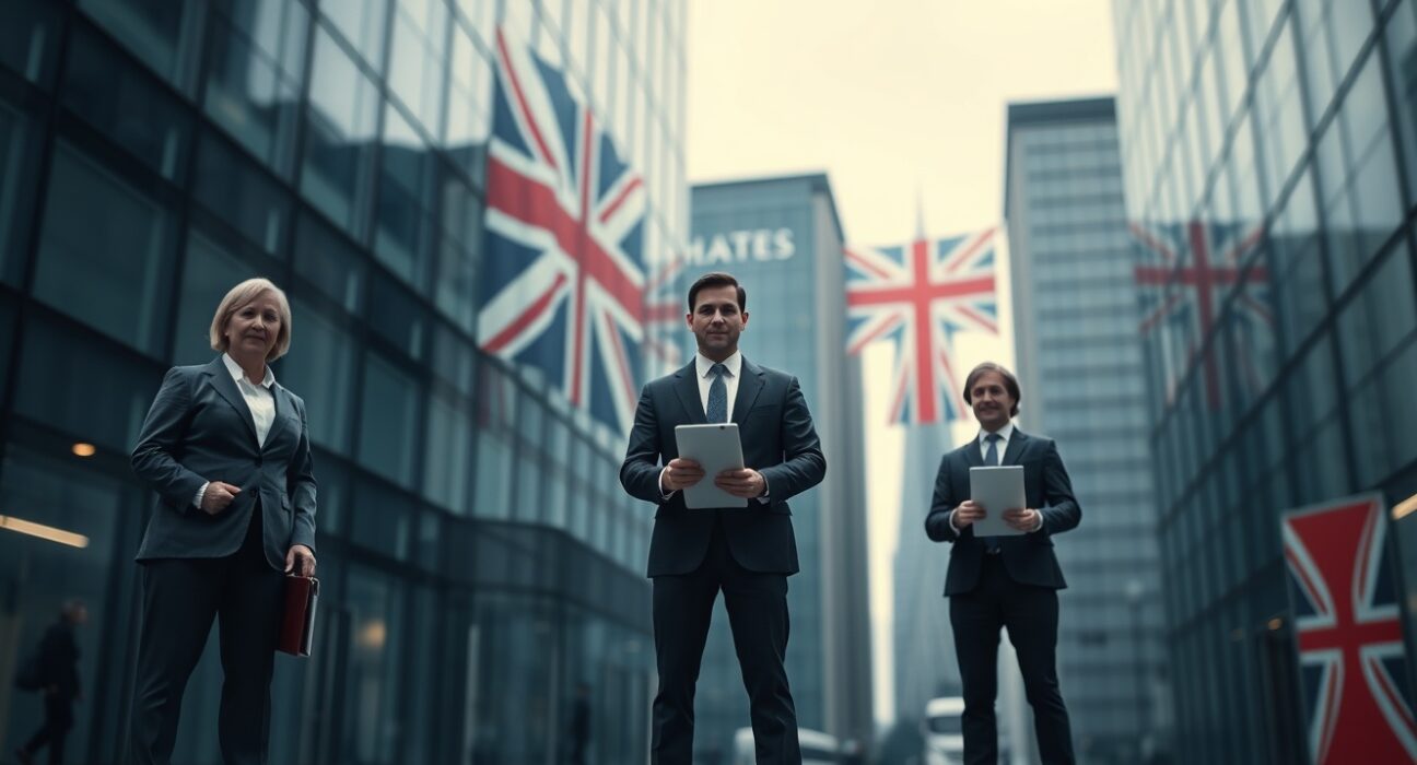 Three business figures representing UK regulators stand apart in a London financial district setting.