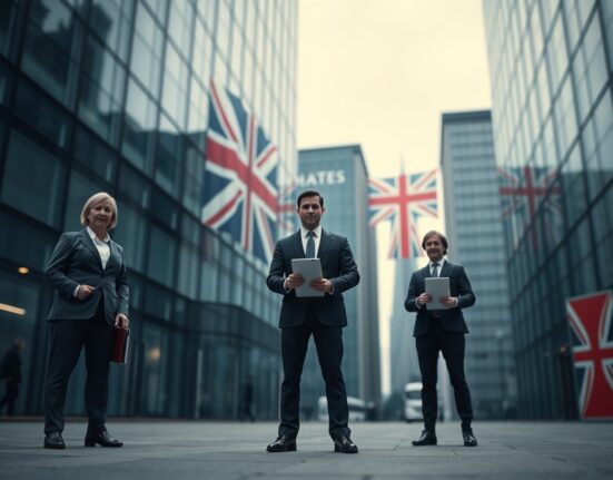 Three business figures representing UK regulators stand apart in a London financial district setting.