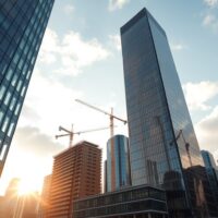 London financial district skyline with office towers and construction cranes at golden hour, representing UK business investment growth.