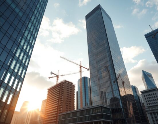 London financial district skyline with office towers and construction cranes at golden hour, representing UK business investment growth.