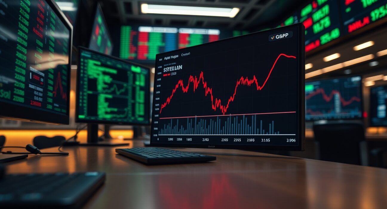 Financial chart showing bearish GBP trend on trading desk monitors