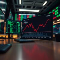 Financial chart showing bearish GBP trend on trading desk monitors