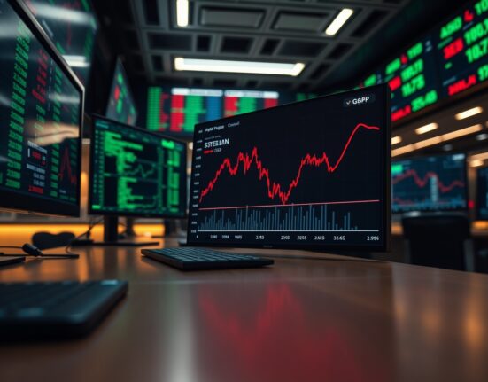 Financial chart showing bearish GBP trend on trading desk monitors