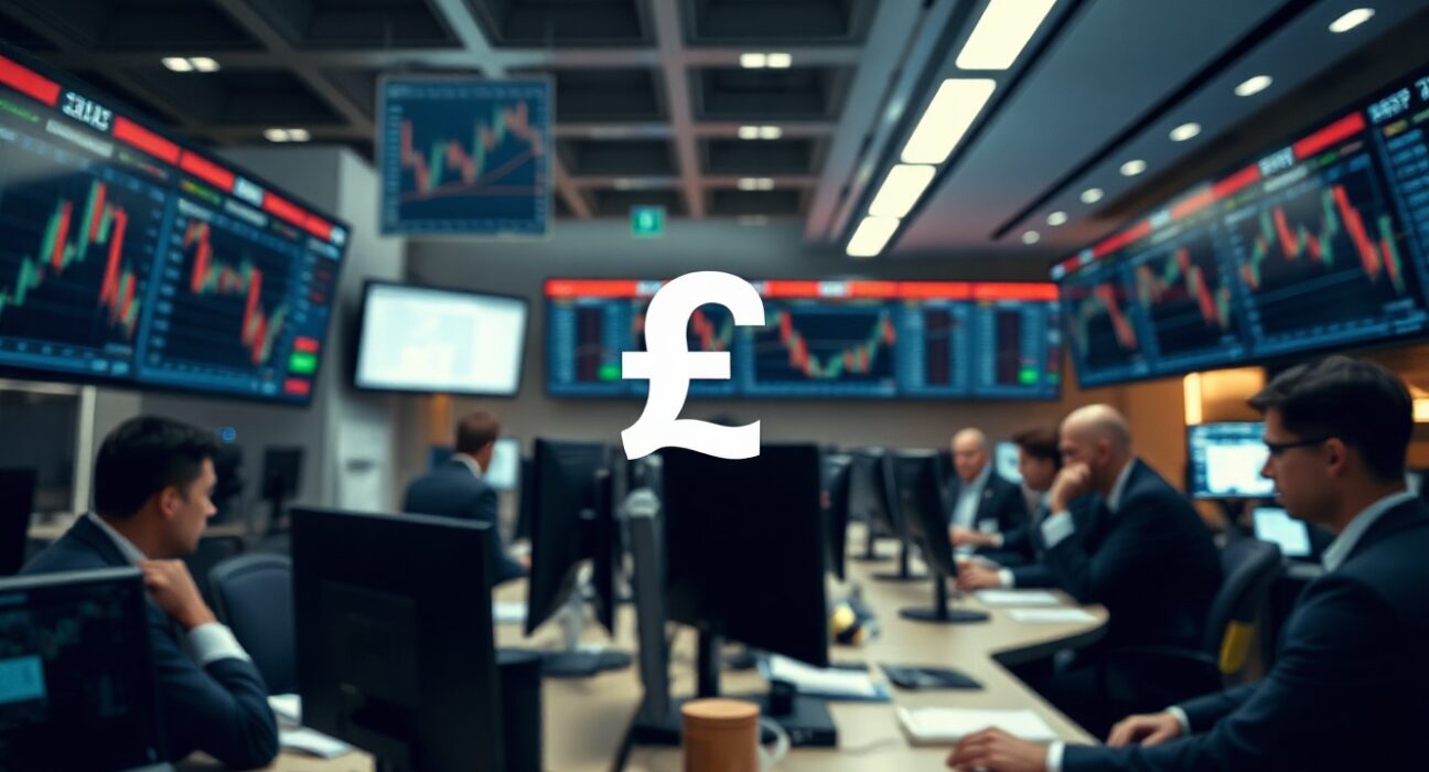 Financial trading desk with British pound symbol on monitors and candlestick charts