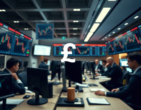 Financial trading desk with British pound symbol on monitors and candlestick charts