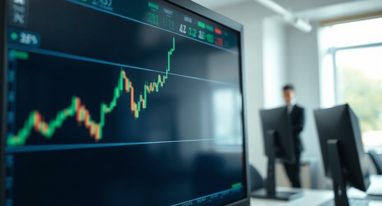 Financial chart showing improving CFTC GBP net positions on a computer monitor in a trading office.