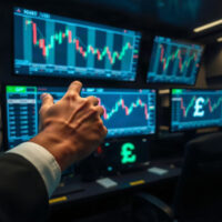 Trader analyzing GBP/USD charts on trading floor monitors