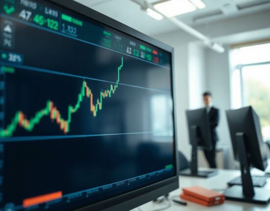 Financial chart showing improving CFTC GBP net positions on a computer monitor in a trading office.