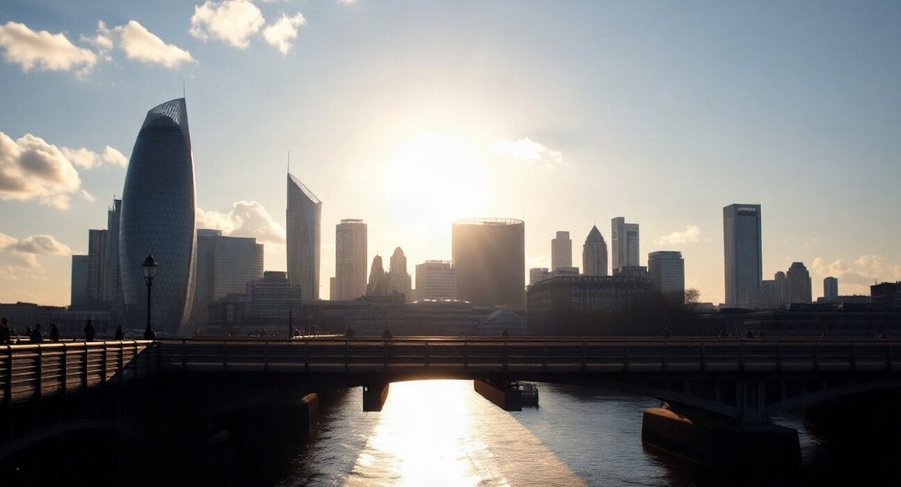 London financial district skyline at sunrise, representing UK economic activity