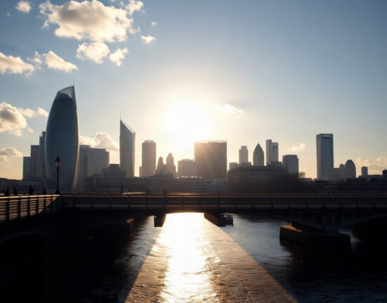 London financial district skyline at sunrise, representing UK economic activity