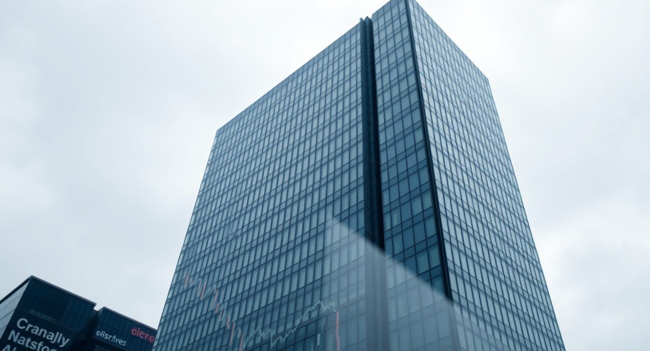 Exterior of a modern office building in London's Canary Wharf financial district on a cloudy day.
