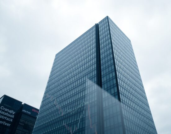 Exterior of a modern office building in London's Canary Wharf financial district on a cloudy day.