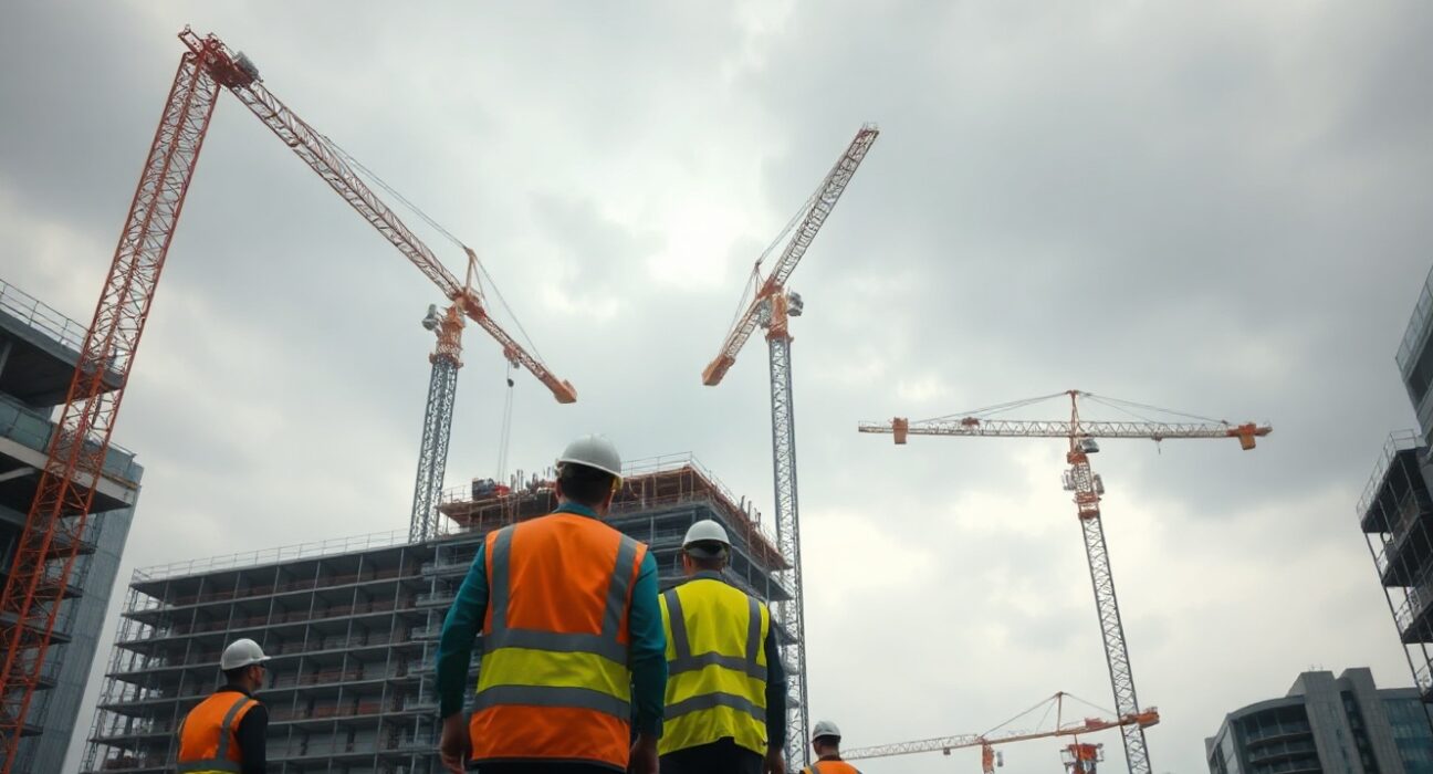 Construction workers on a building site in the UK, with cranes and scaffolding under a cloudy sky.