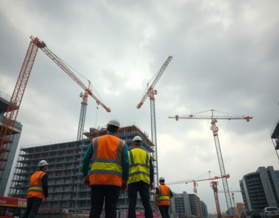 Construction workers on a building site in the UK, with cranes and scaffolding under a cloudy sky.