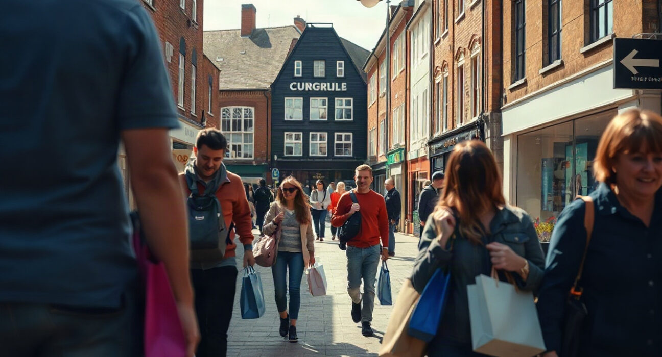 Shoppers on a UK high street carrying bags, reflecting improved consumer confidence in August.