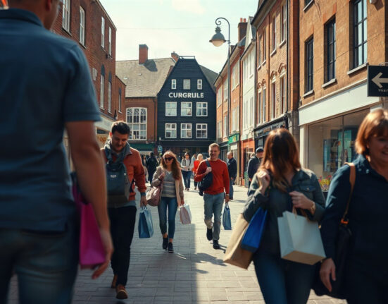 Shoppers on a UK high street carrying bags, reflecting improved consumer confidence in August.