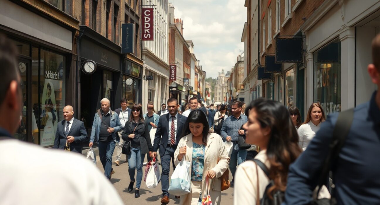 Shoppers on a busy UK high street, illustrating consumer confidence and household spending potential.