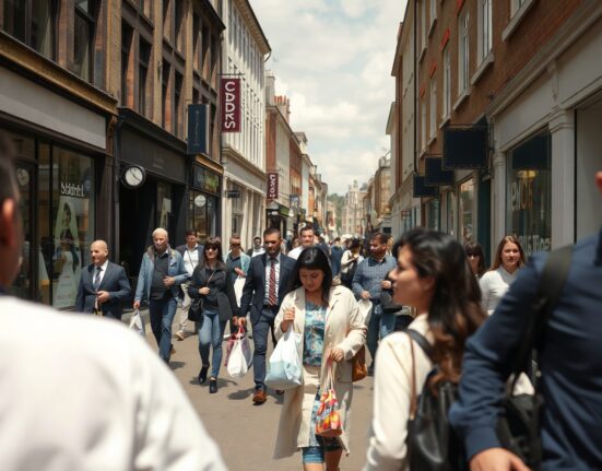 Shoppers on a busy UK high street, illustrating consumer confidence and household spending potential.